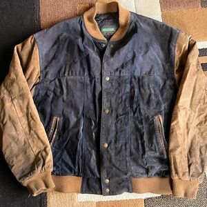 Leather Men's Two-Tone Bomber Jacket in Navy and Brown